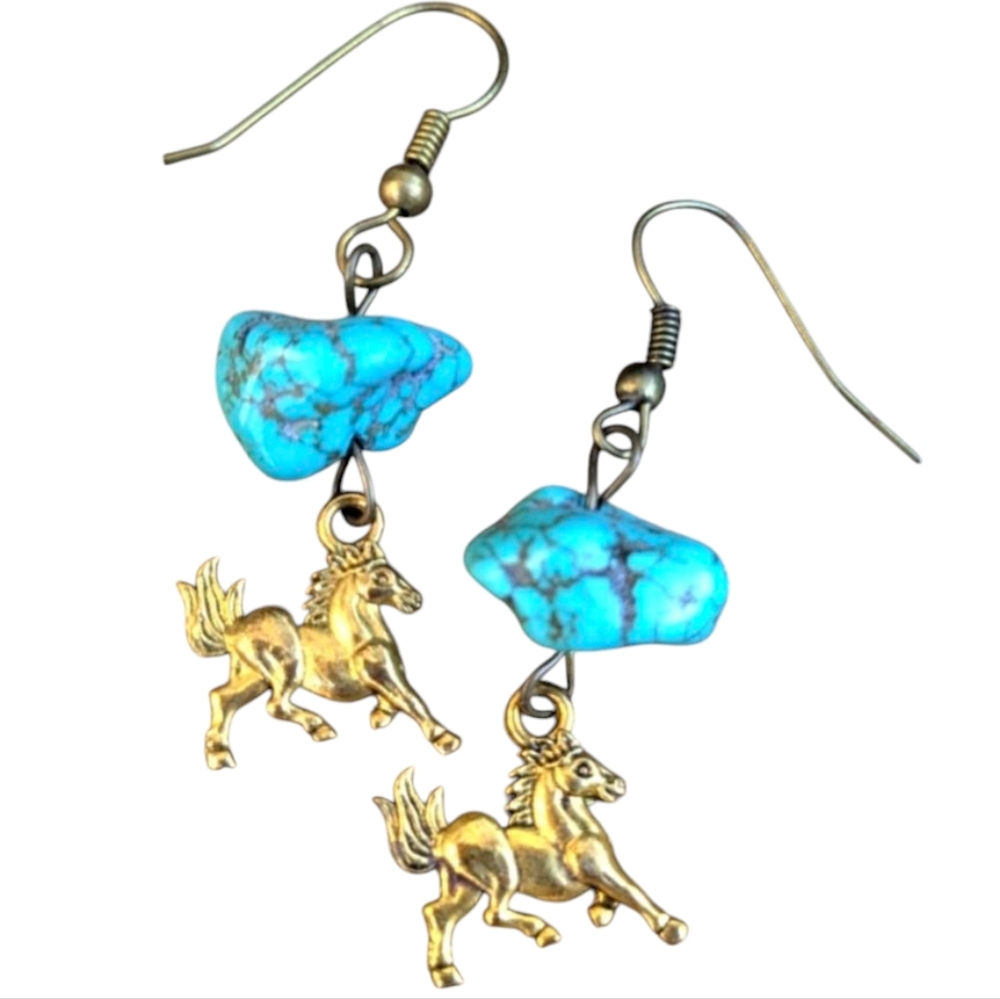 Turquoise and Gold Horse Dangle Earrings